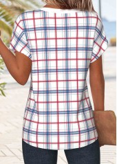 Plaid Patchwork White Short Sleeve Round Neck T Shirt