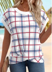 Plaid Patchwork White Short Sleeve Round Neck T Shirt