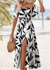 Leaf Print Split Multi Color Maxi Sleeveless Dress