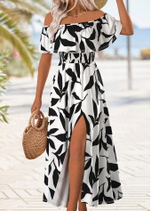Leaf Print Split Multi Color Maxi Sleeveless Dress