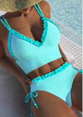 Mid Waisted Striped Frill Cyan Bikini Set