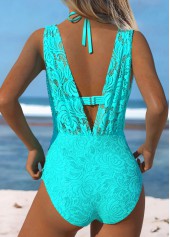 Lace Cyan V-Neck One Piece Swimwear and Bra