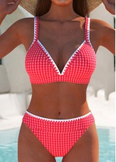 Mid Waisted Plaid Contrast Binding Red Bikini Set