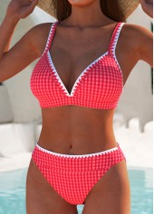 Mid Waisted Plaid Contrast Binding Red Bikini Set