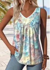Floral Print Patchwork Light Blue Sleeveless Tank Top