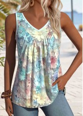 Floral Print Patchwork Light Blue Sleeveless Tank Top
