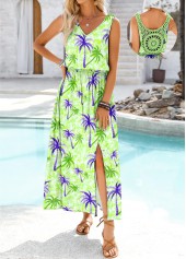 Tropical Plants Print Embroidery Light Green Sleeveless Dress
