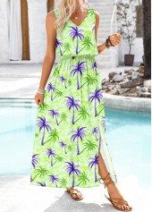 Tropical Plants Print Embroidery Light Green Sleeveless Dress
