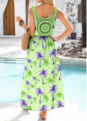 Tropical Plants Print Embroidery Light Green Sleeveless Dress