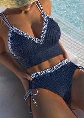 Mid Waisted Striped Tie Navy Bikini Set