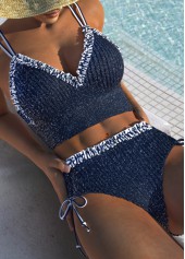 Mid Waisted Striped Tie Navy Bikini Set