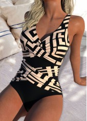 Geometric Print Criss Cross Light Coffee One Piece Swimwear
