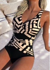 Geometric Print Criss Cross Light Coffee One Piece Swimwear