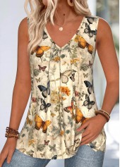 Butterfly Print Light Yellow Sleeveless V Neck Tank Top