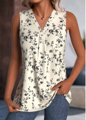 Floral Print Beige Sleeveless V Neck Tank Top