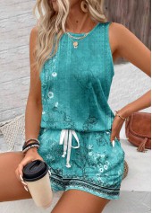 Floral Print Two Piece Cyan Sleeveless Top and Shorts
