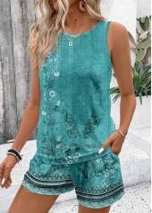 Floral Print Two Piece Cyan Sleeveless Top and Shorts