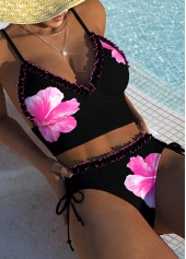 Mid Waisted Floral Print Tie Black Bikini Set