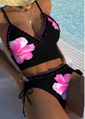 Mid Waisted Floral Print Tie Black Bikini Set