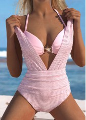 Patchwork Tie Light Pink One Piece Swimwear and Bra