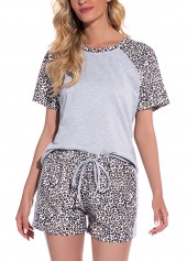 Grey Round Neck Leopard Lounge Top and Shorts
