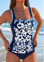 Mid Waisted Floral Print Cut Out Navy Tankini Set