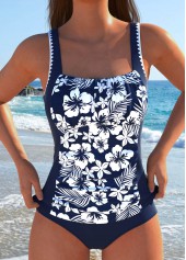 Mid Waisted Floral Print Cut Out Navy Tankini Set