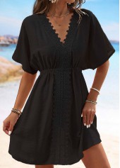 Embroidery V Neck Black Short Sleeve Cover Up
