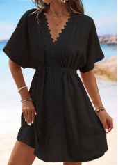 Embroidery V Neck Black Short Sleeve Cover Up