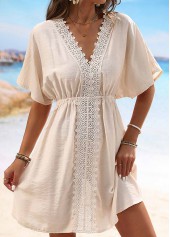Patchwork V Neck Embroidery Beige Cover Up
