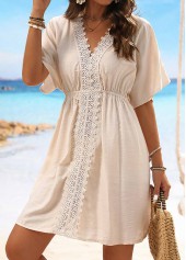 Patchwork V Neck Embroidery Beige Cover Up
