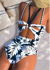 Floral Print Circular Ring Navy One Piece Swimwear