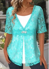 Lace Cyan Half Sleeve Fake Two Piece Twinset