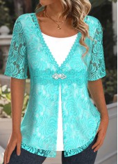 Lace Cyan Half Sleeve Fake Two Piece Twinset