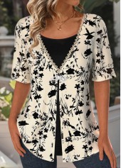 Floral Print Lace Light Camel Fake Two Piece Twinset