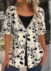 Floral Print Lace Light Camel Fake Two Piece Twinset