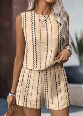Striped Button Light Camel Sleeveless TOP and Shorts