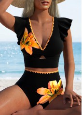 High Waisted Floral Print Contrast Binding Black Bikini Set