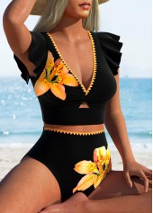 High Waisted Floral Print Contrast Binding Black Bikini Set