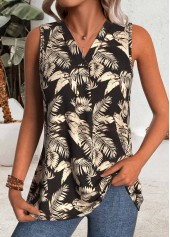 Tropical Plants Print Black Sleeveless V Neck Tank Top