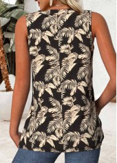 Tropical Plants Print Black Sleeveless V Neck Tank Top