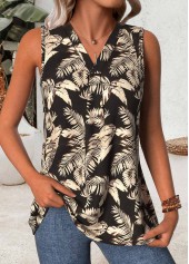 Tropical Plants Print Black Sleeveless V Neck Tank Top