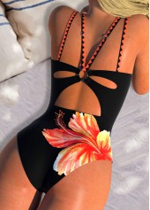 Floral Print Circular Ring Orange One Piece Swimwear