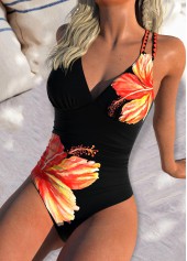 Floral Print Circular Ring Orange One Piece Swimwear