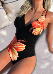 Floral Print Circular Ring Orange One Piece Swimwear