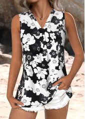 Floral Print Breathable Black Sleeveless V Neck Tank Top