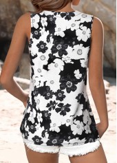 Floral Print Breathable Black Sleeveless V Neck Tank Top