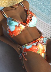 Mid Waisted Floral Print Ruched Orange Bikini Set