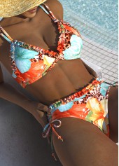 Mid Waisted Floral Print Ruched Orange Bikini Set