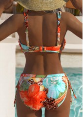 Mid Waisted Floral Print Ruched Orange Bikini Set